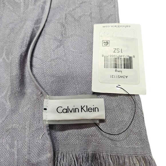 Calvin Klein Light Gray Jacquard Logo Scarf Fringed Edge Womens Soft Lightweight - Picture 3 of 9